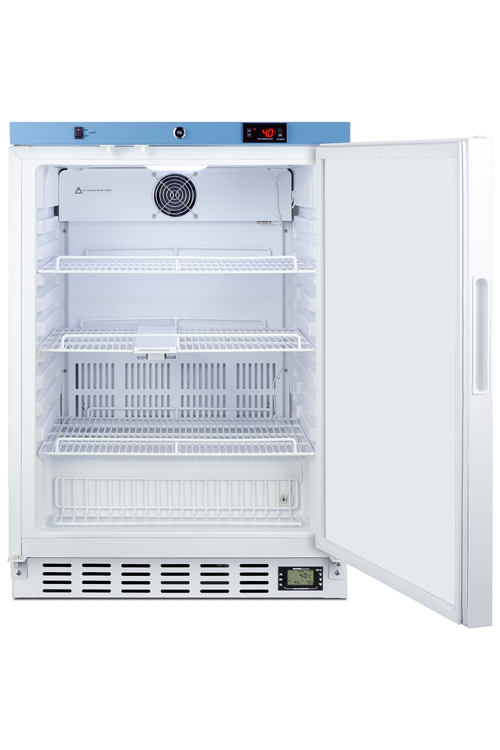 Built-In healthcare all-refrigerator with self-closing door, front lock, digital controls, and external temperature readout